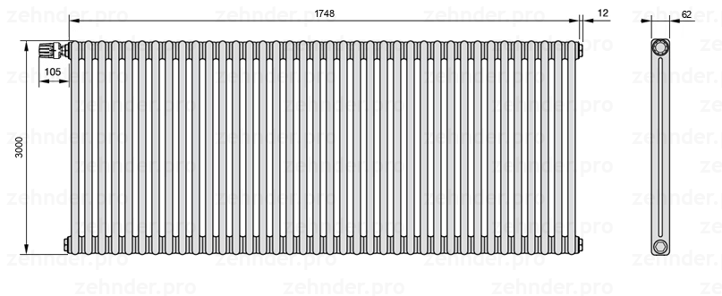 Схема (чертеж) Радиатор Zehnder Charleston 2300/38 №V012 Белый глянцевый RAL 9016